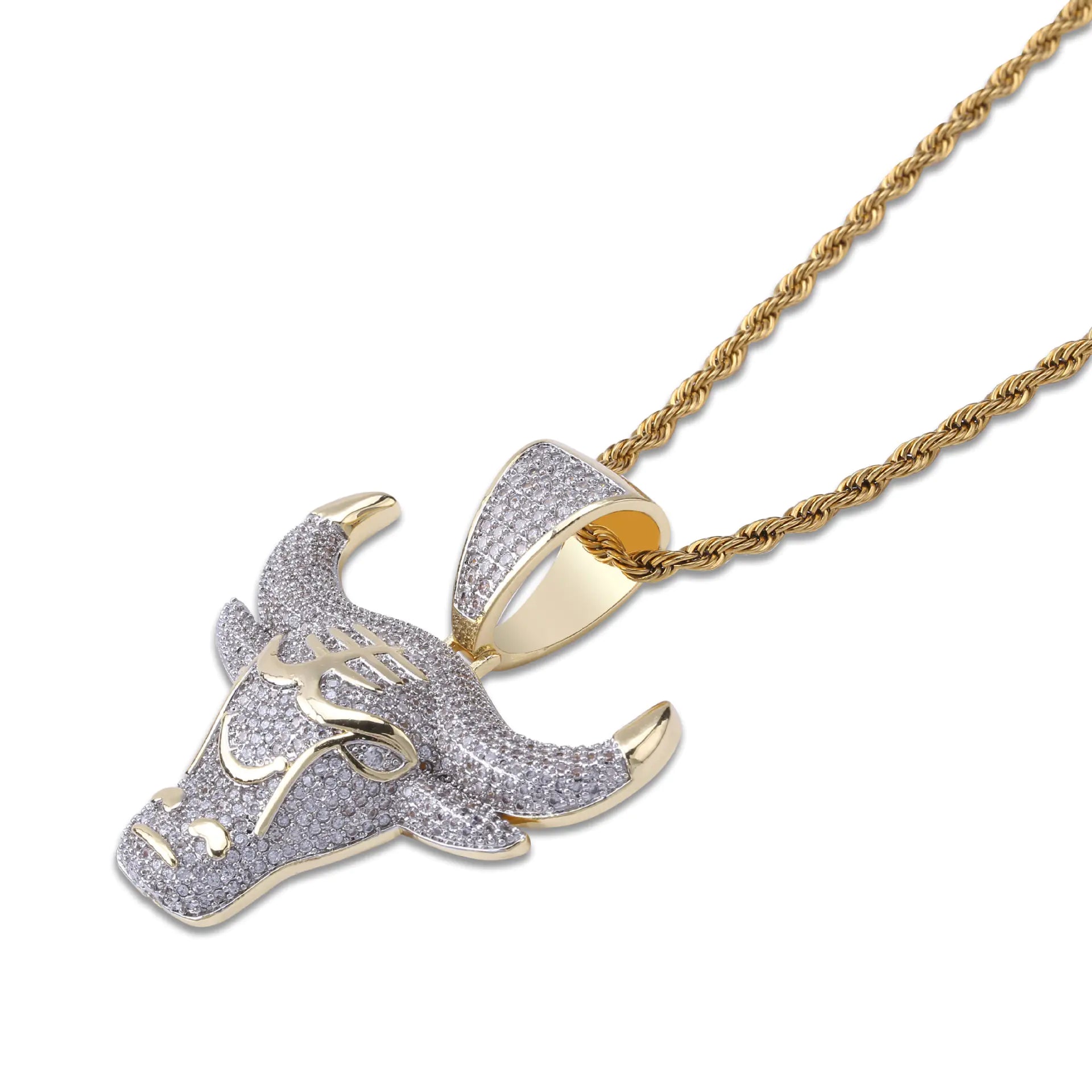 Bull Head Pendant Necklace with Zircon Stones