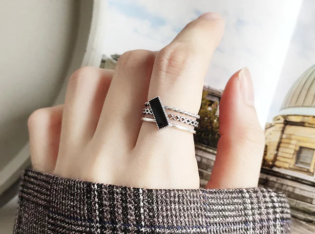 Hip-Hop Rectangular Ring with Black Epoxy Open Design