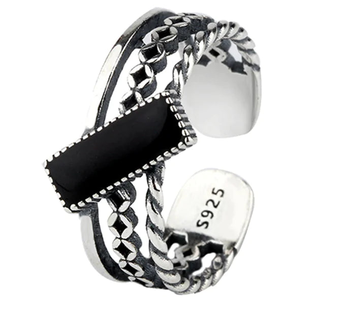 Hip-Hop Rectangular Ring with Black Epoxy Open Design