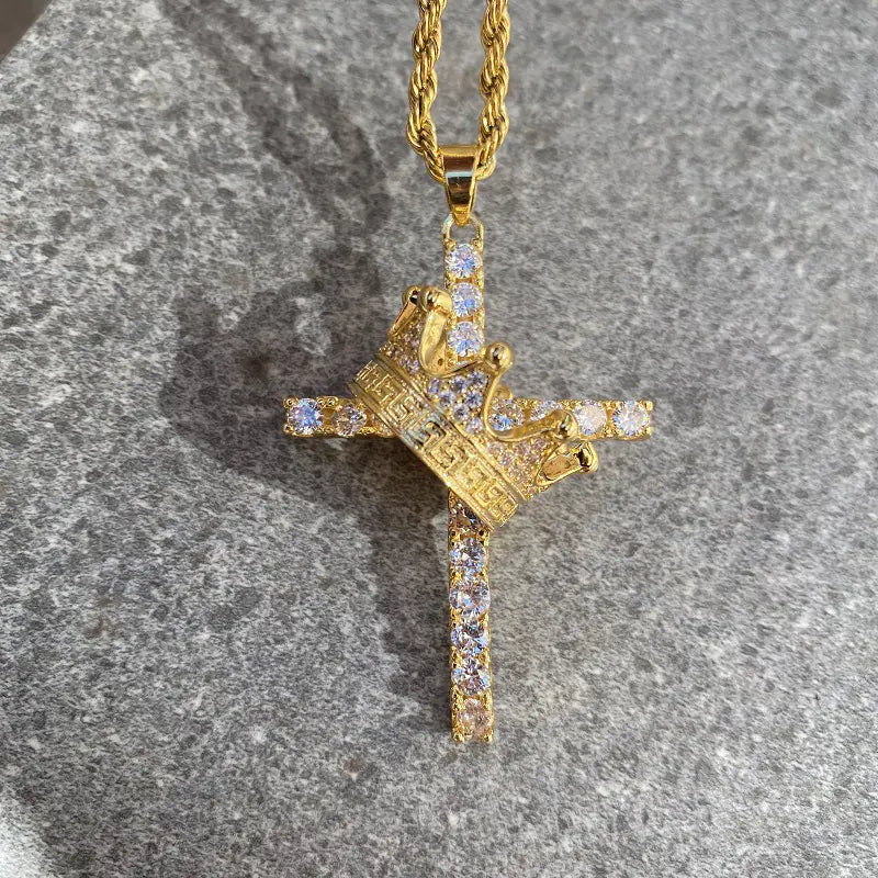 Hip Hop Crown Zircon Cross Pendant Necklace (Unisex)