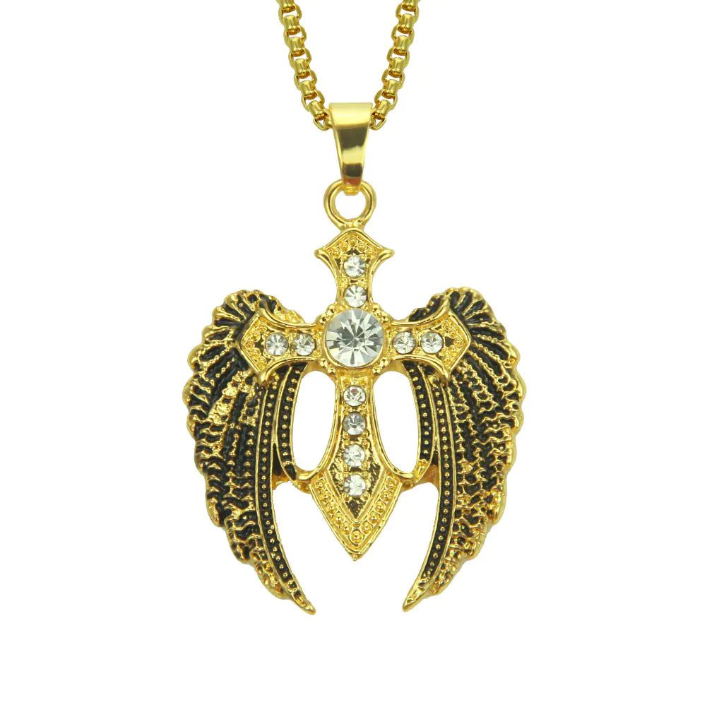 Creative Hip Hop Rhinestone Cross Wing Necklace