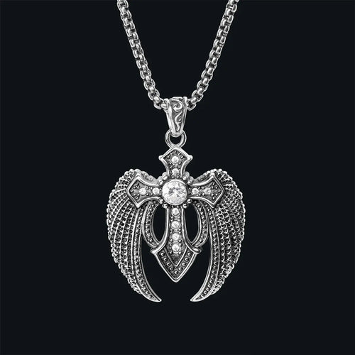 Creative Hip Hop Rhinestone Cross Wing Necklace