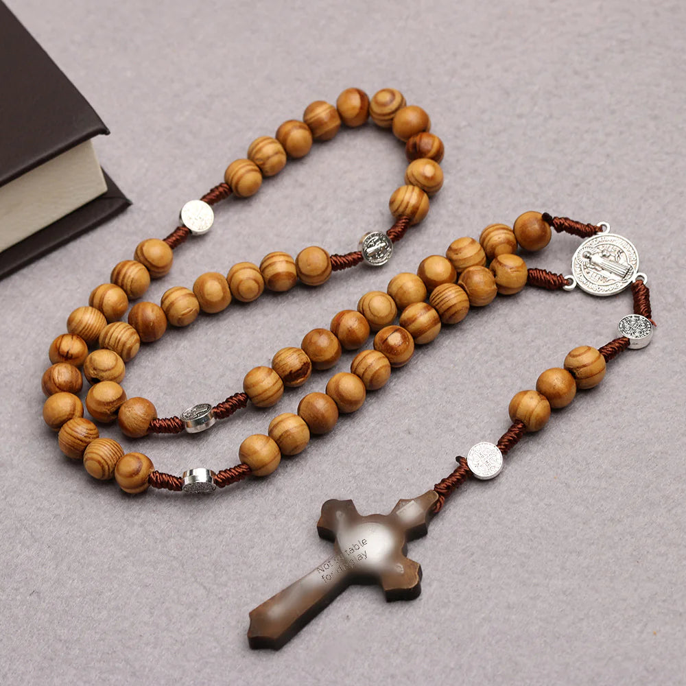Natural Wood Bead Cross Rosary Necklace Handmade Jewelry
