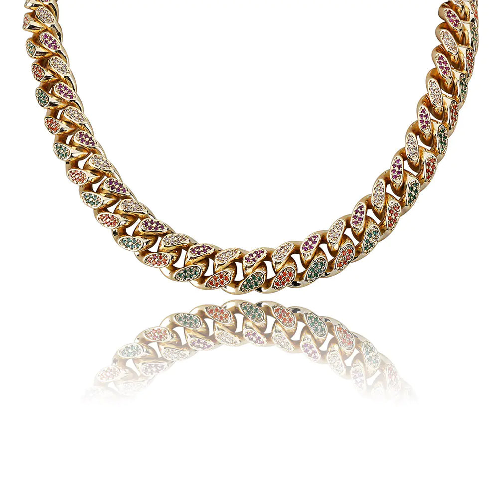 Iced Out Rainbow Miami Cuban Link Chain Necklace