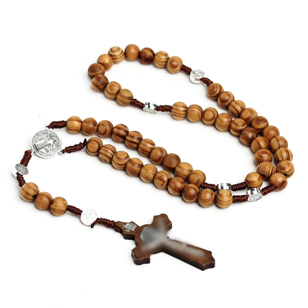 Natural Wood Bead Cross Rosary Necklace Handmade Jewelry
