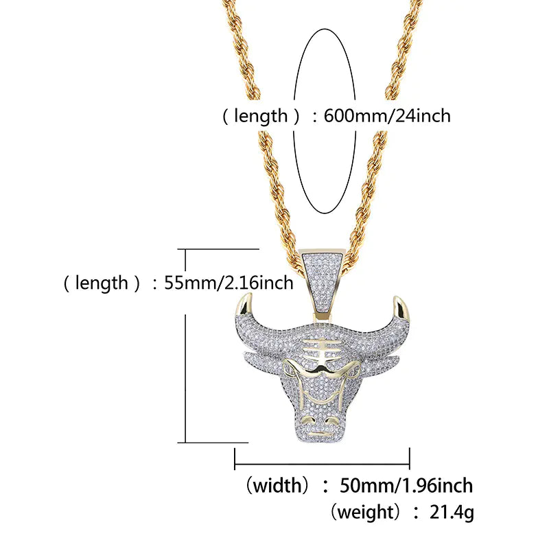 Bull Head Pendant Necklace with Zircon Stones