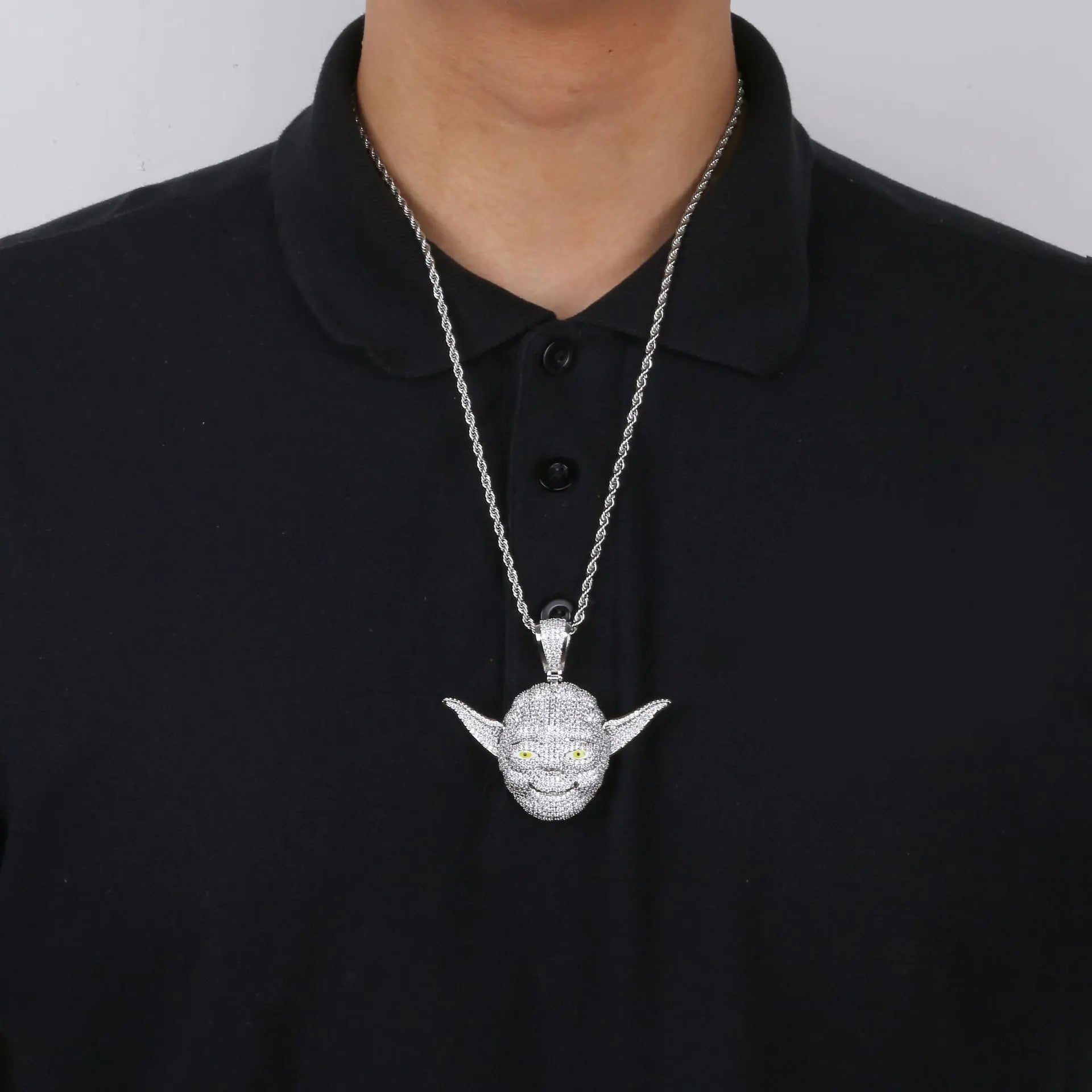 Hip Hop Yoda Master Pendant Necklace with Zirconia