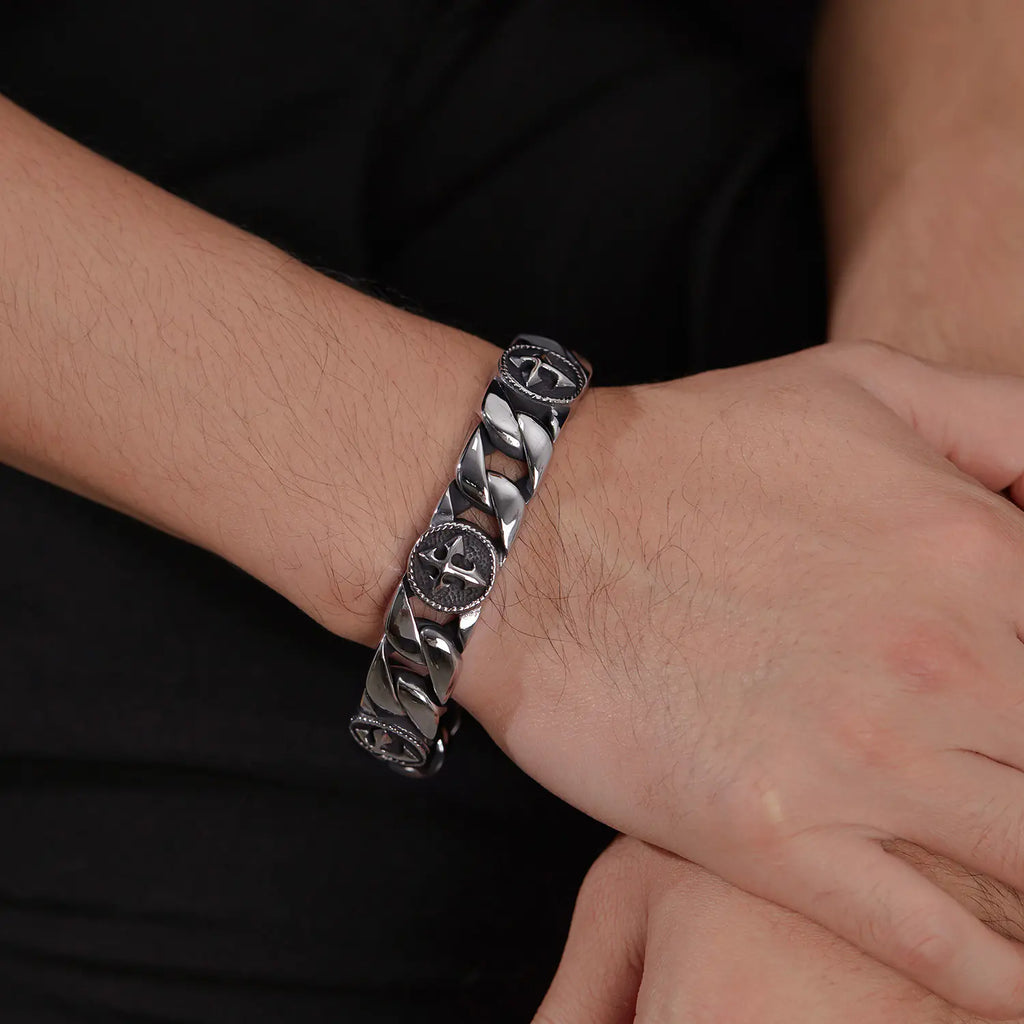 Steel Cross Shelf Cuban Curb Link Bracelet