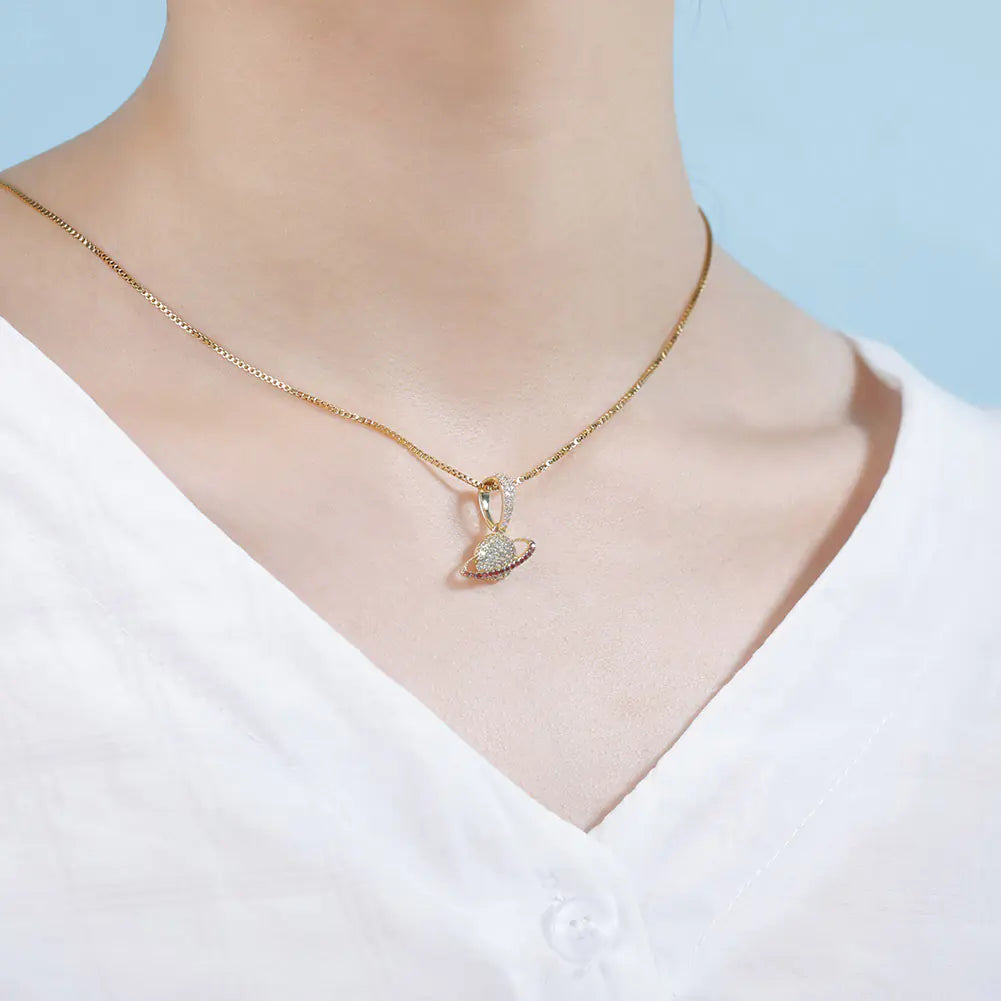 S925 Silver Hip Hop Planet Pendant Necklace with Zircon