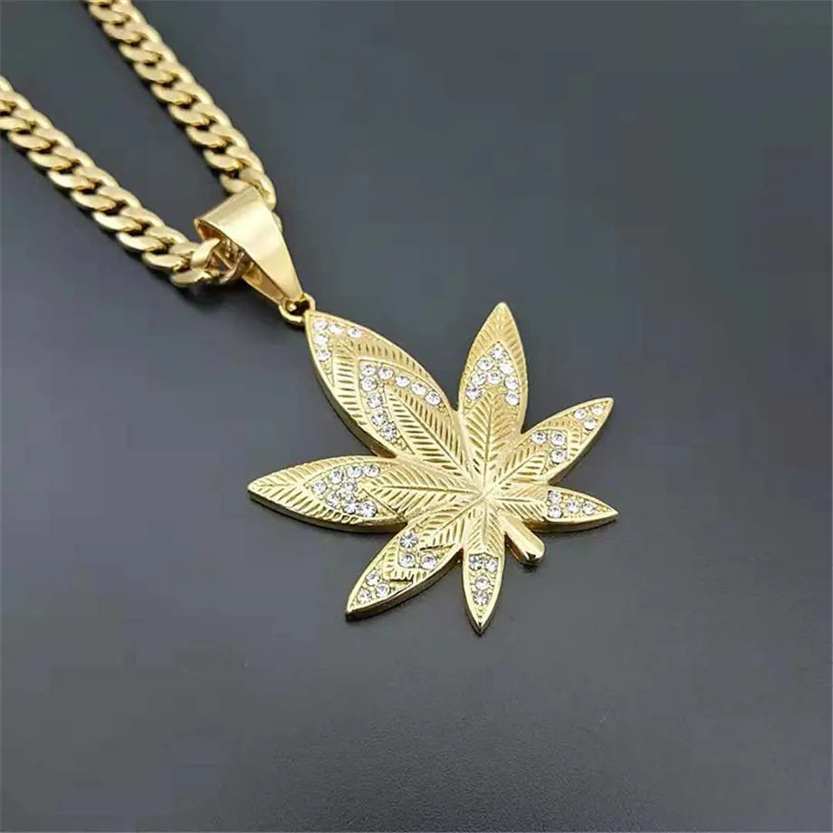 Gold Leaf Pendant Necklace with CZ Diamonds