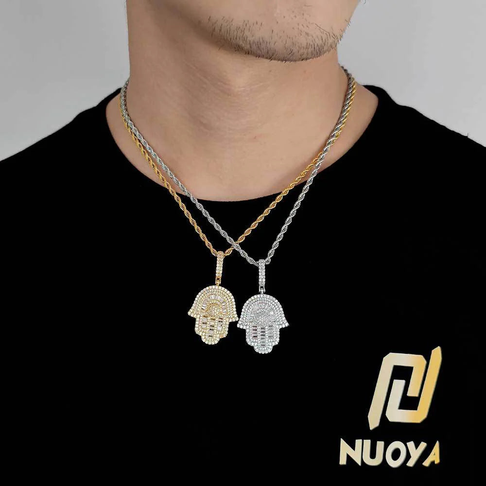 Hip Hop Copper Inlaid Zircon Small Size Palm Pendant Real Gold Plated Necklace