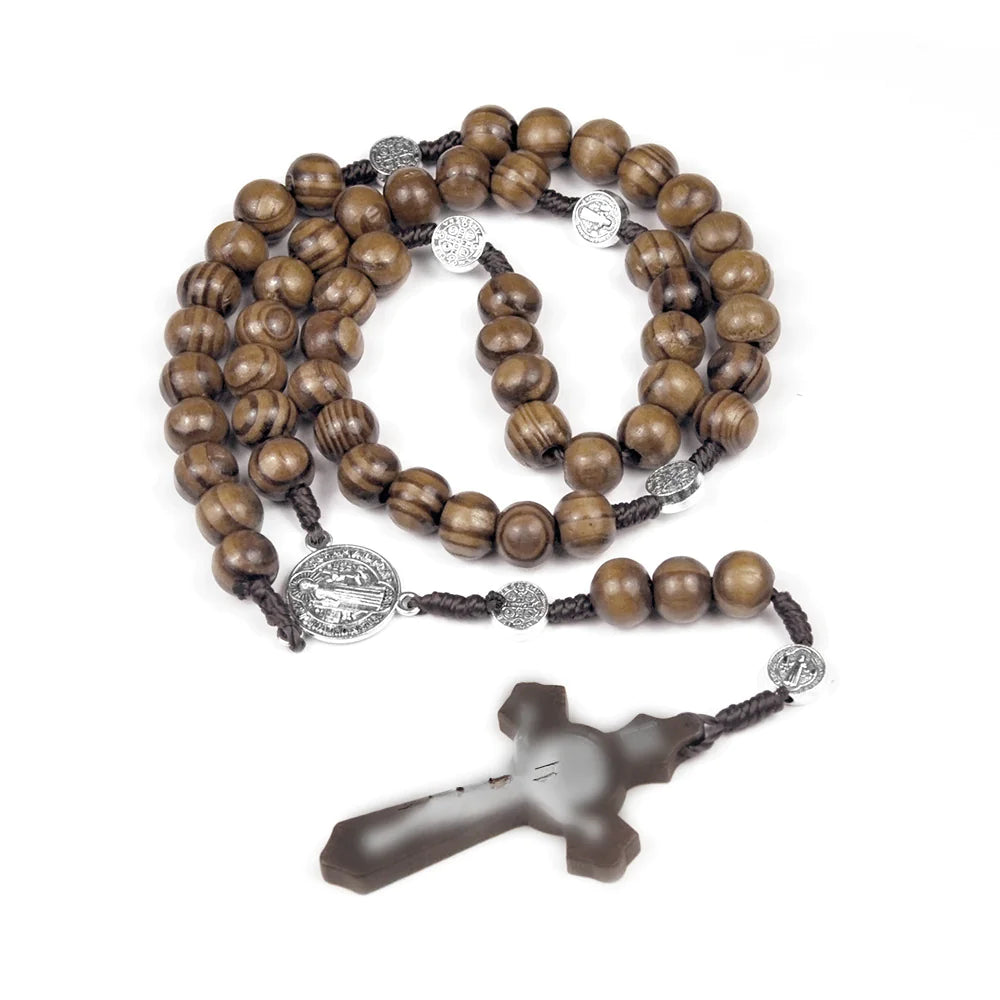 Natural Wood Bead Cross Rosary Necklace Handmade Jewelry