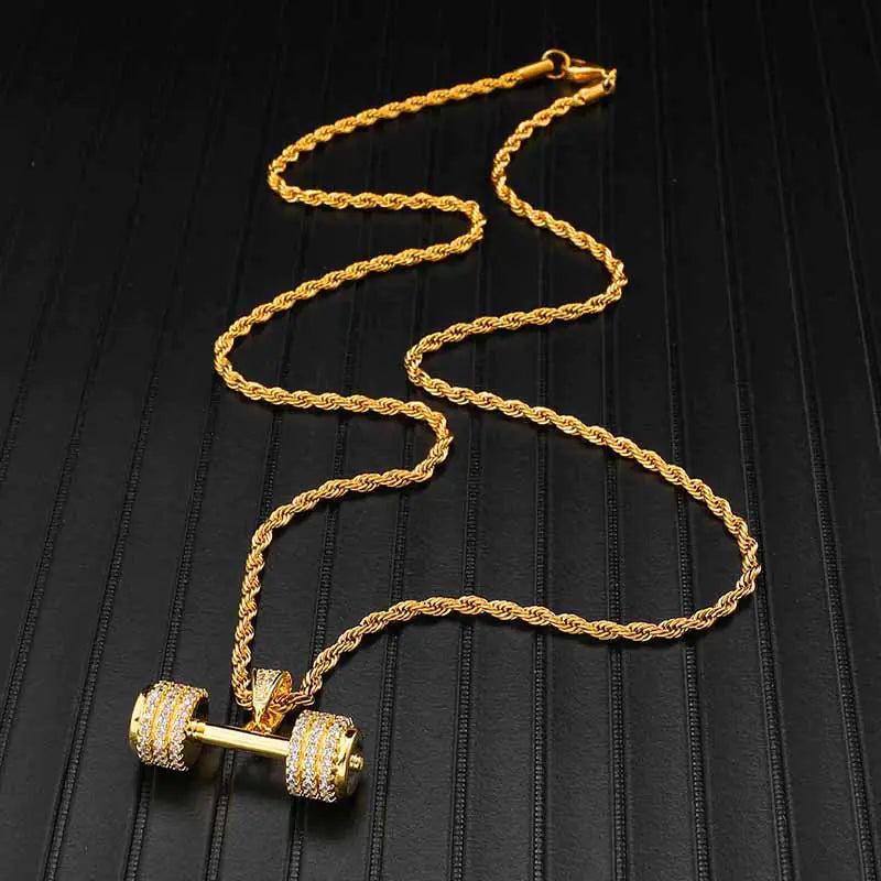 Hip Hop Dumbbell Pendant with Zirconia and Twisted Chain