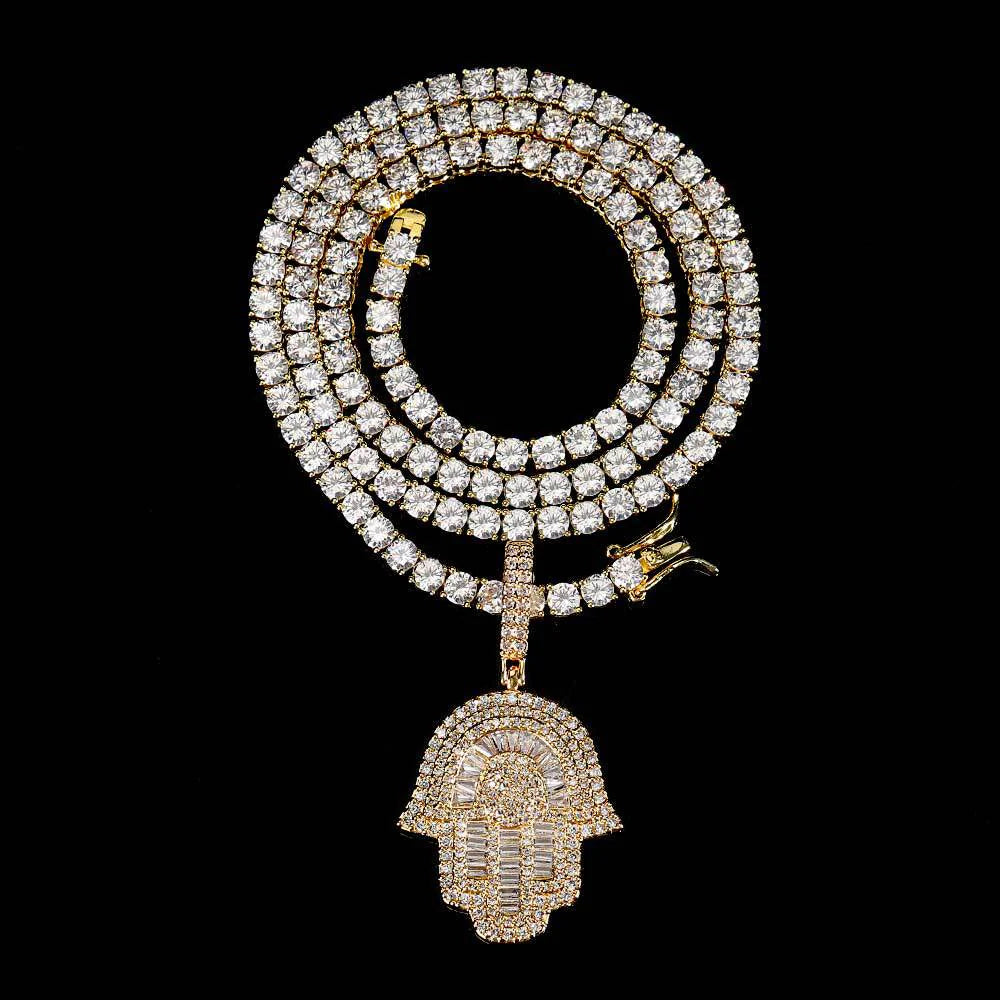 Hip Hop Copper Inlaid Zircon Small Size Palm Pendant Real Gold Plated Necklace