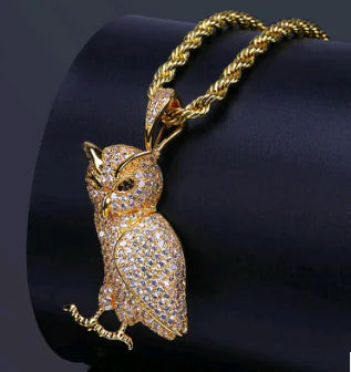 Gold-Plated Zircon Owl Pendant Hip-Hop Necklace