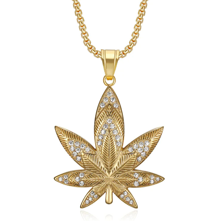 Gold Leaf Pendant Necklace with CZ Diamonds