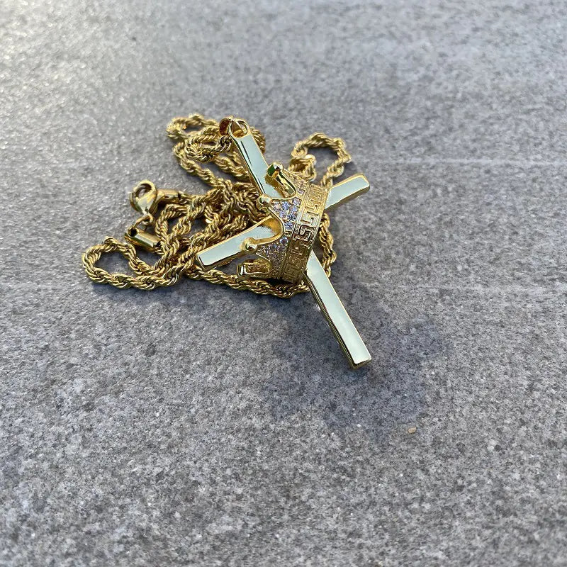 Hip Hop Crown Zircon Cross Pendant Necklace (Unisex)