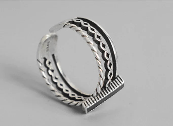 Hip-Hop Rectangular Ring with Black Epoxy Open Design