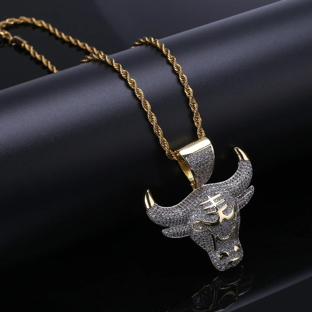 Bull Head Pendant Necklace with Zircon Stones