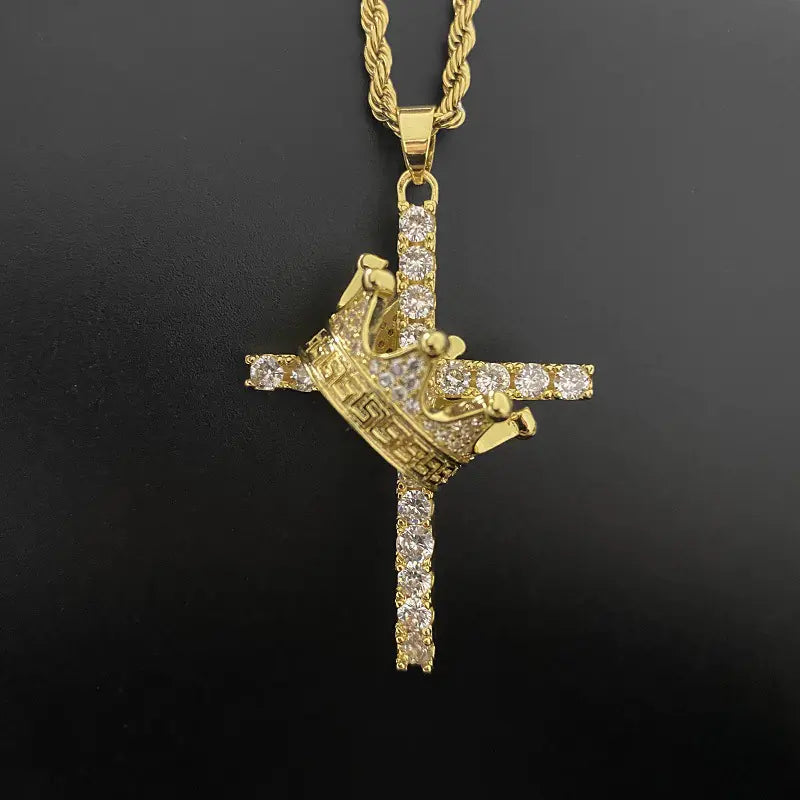 Hip Hop Crown Zircon Cross Pendant Necklace (Unisex)