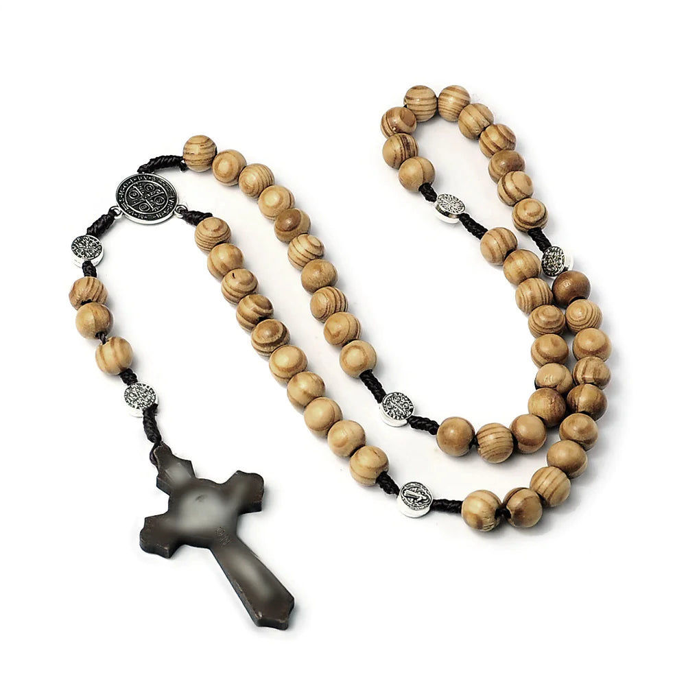 Natural Wood Bead Cross Rosary Necklace Handmade Jewelry
