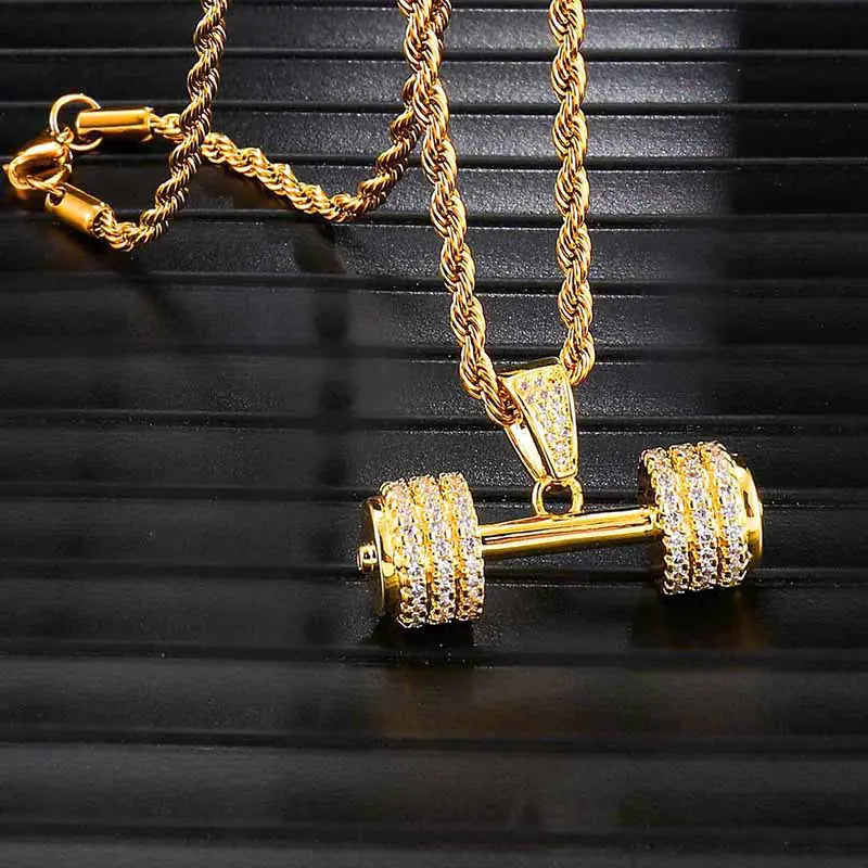 Hip Hop Dumbbell Pendant with Zirconia and Twisted Chain
