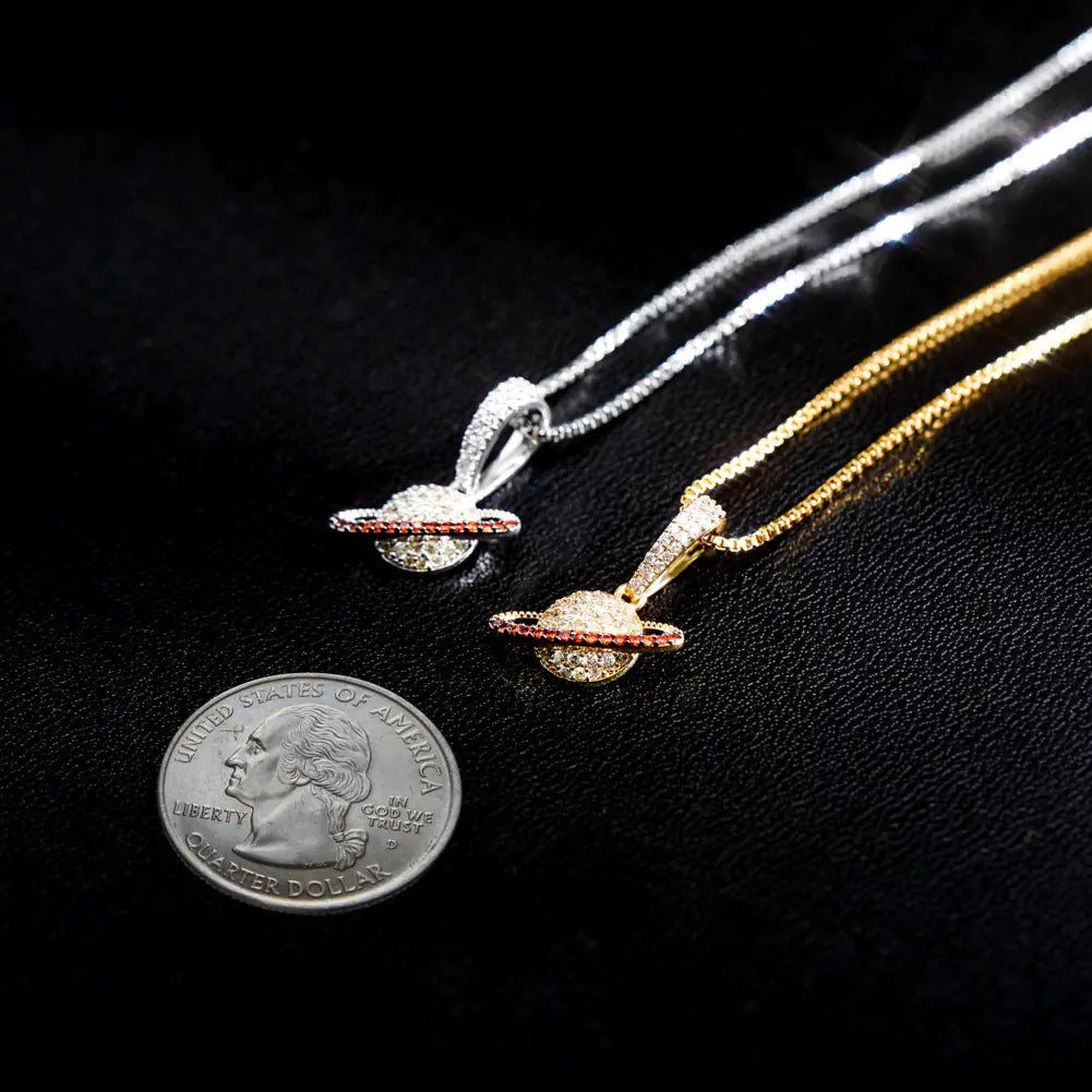 S925 Silver Hip Hop Planet Pendant Necklace with Zircon
