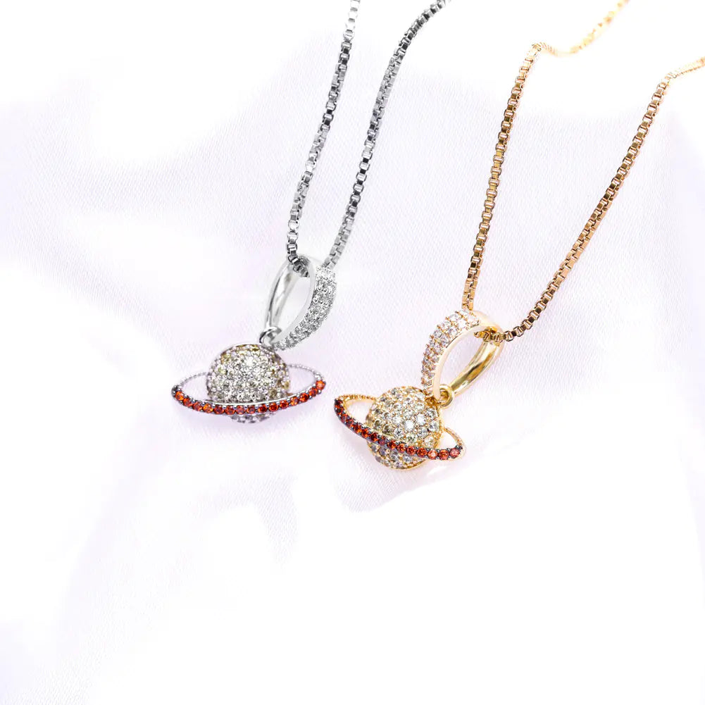 S925 Silver Hip Hop Planet Pendant Necklace with Zircon