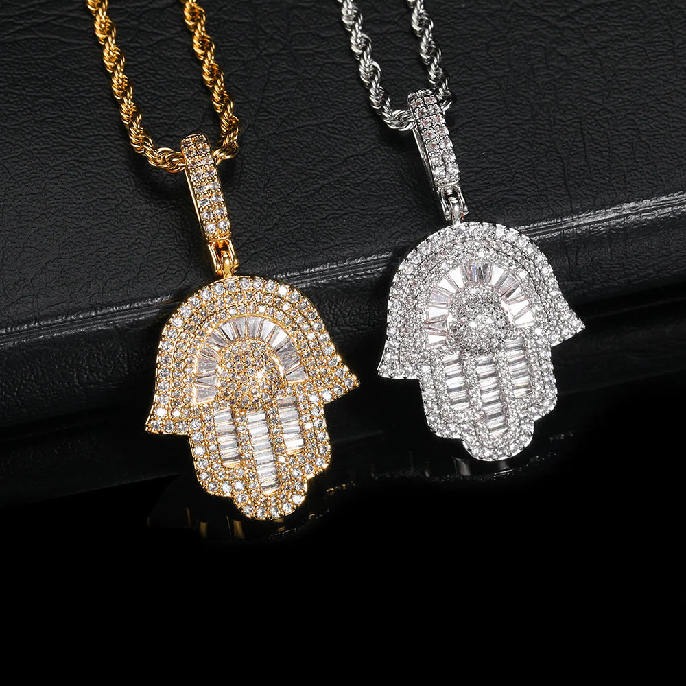 Hip Hop Copper Inlaid Zircon Small Size Palm Pendant Real Gold Plated Necklace