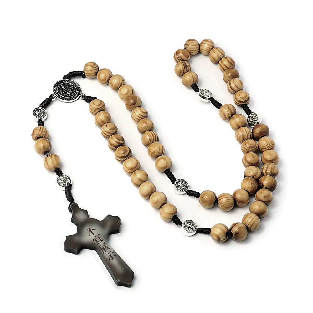 Natural Wood Bead Cross Rosary Necklace Handmade Jewelry